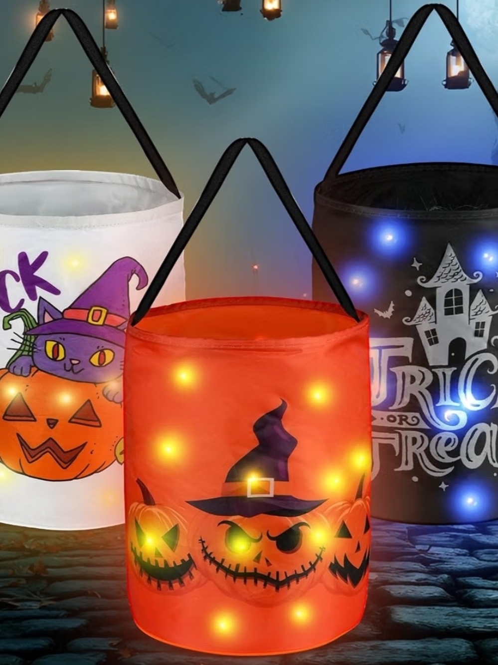 NEW Three Halloween LED Light Up Pumpkin Trick Or Treat Buckets